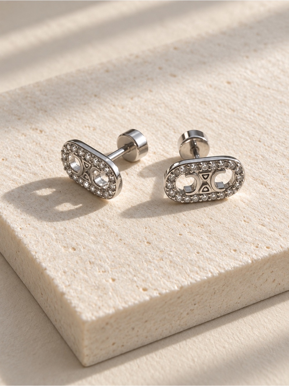 Crystal-Accent Stainless Steel Oval Stud Earrings - Hypoallergenic